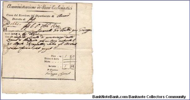 ITALY - RECEIPT OF PAYMENT - 1 Scudo / 12 Baj - pk# NL - 31-August-1824 - Administration of Ecclesiastical Property
 Banknote