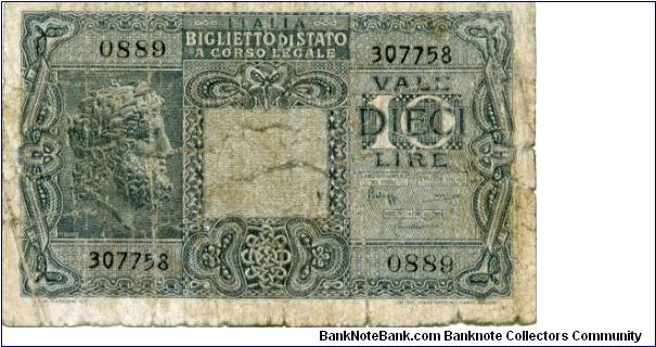 10 lire 
Blue
Head of Jupiter 
Sigs Bolaffi, Cavallaro & Giovinco
2 allegorical men Banknote