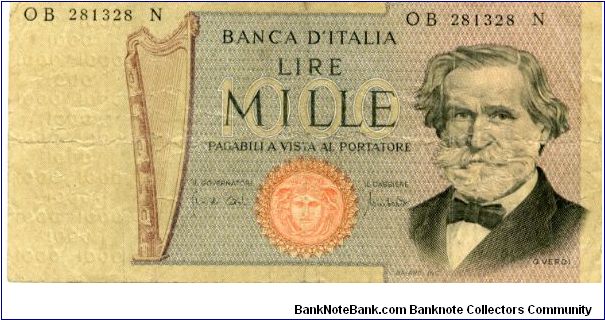 100 Lira
Black/Brown
Harp and Verdi
La Scala opera house Milan
Wtmk Vertical row of Laureated heads Banknote