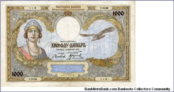 Kingdom of Yugoslavia

100  Dinara
Multi
Queen Marie and eagle in flight
2 female allogories, farming & defence?
Wmk King Alexander I Banknote
