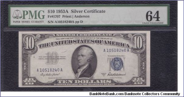 1953 A $10 SILVER CERTIFICATE

**PMG 64 CU** Banknote