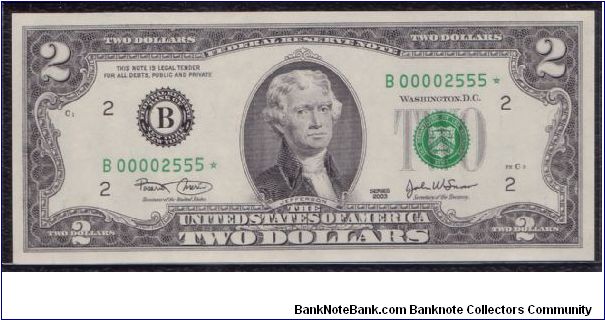 2003 $2 NEW YORK FRN

#1 0F 3 MATCHING SERIALS

**STAR NOTE**

#00002555* Banknote