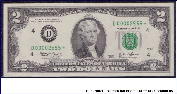 2003 $2 CLEVELAND FRN

#2 0F 3 MATCHING SERIALS

**STAR NOTE**

#00002555* Banknote