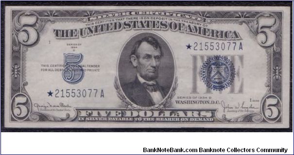 1934 D WIDE I $5 SILVER CERTIFICATE

**STAR NOTE** Banknote
