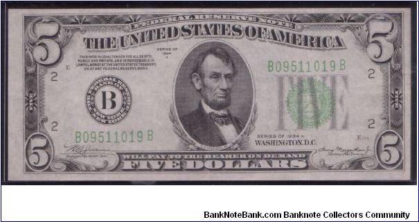 1934 A $5 NEW YORK FRN Banknote