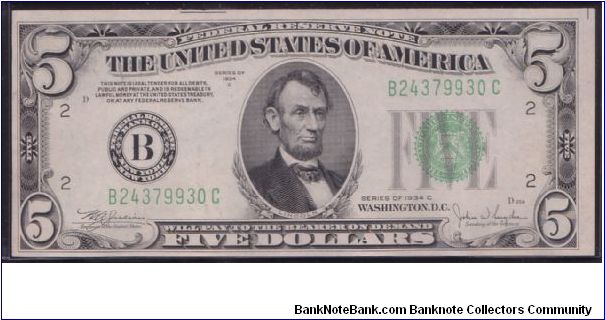 1934 C $5 NEW YORK FRN Banknote