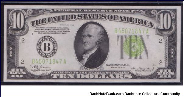 1934 $10 NEW YORK FRN

**LIGHT GREEN SEAL** Banknote