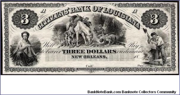 1860's NEW ORLEANS, LOUISIANA $3 Citizens Bank of Louisiana (1833-1911) Obsolete Note. HAXBY: LA-15 G6. Banknote