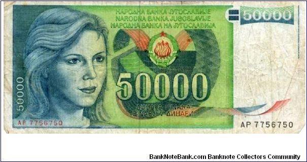 Socialist Federal Republic of Yugoslavia
50000d  
Young woman
Dubrovnik Banknote