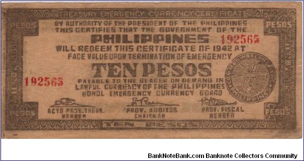 S-137i Bohol Emergency Currency 10 Pesos note. Banknote