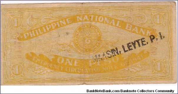 S-216 Cebu Guerilla 1 Peso note with Maasin Leyte PI counterstamp. Banknote