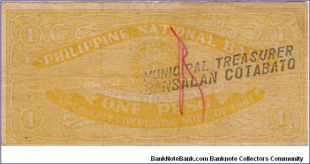 S-216 Cebu Guerilla 1 Peso note with Municipal Leyte Bansalan, Cotabato counterstamp. Banknote