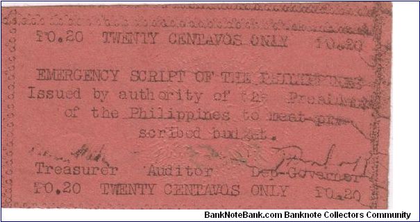 S-122 Emergency Script of the Philippines 20 centavos note. Banknote