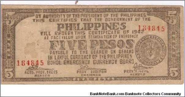 S-136 Bohol 5 Pesos note with unlisted serial number. Banknote