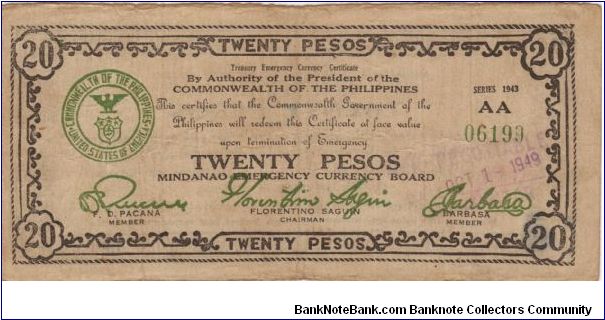 S-499a Mindanao Emergency Currency 20 Pesos note with counterstamp on front. Banknote