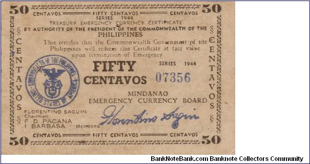 S-522a Mindanao Emergency Currency 50 centavos note. Banknote