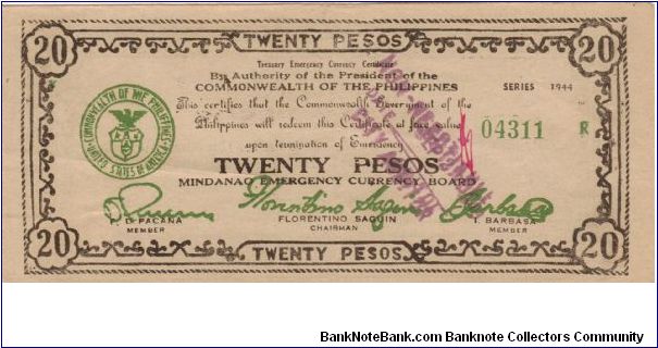 S-528b Mindanao Emergency Currency 20 Pesos note with counterstamp on front. Banknote