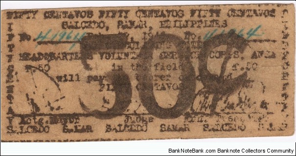 RARE Salcedo, Samar 50 centavos note. Banknote