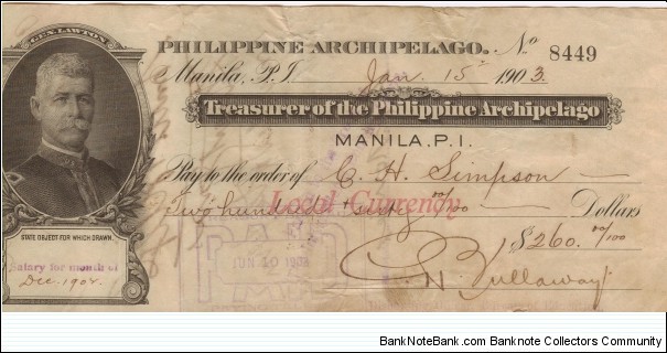 RARE Treasurer of the Philippines General Lawton Check Banknote