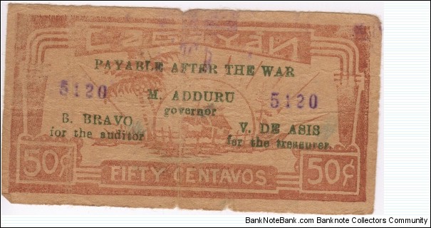 S-176 Cagayan 50 centavos note with green overprint. Banknote