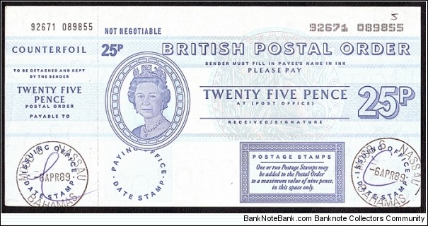 Bahamas 1989 25 Pence postal order. Banknote