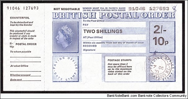 Barbados 1971 2 Shillings / 10 Pence postal order.

Dual-currency issues issued outside Great Britain have become difficult to find. Banknote