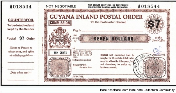 Guyana 1989 7 Dollars postal order.

The printer's name can be found up the left hand side on the front. Banknote