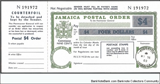 Jamaica 2003 4 Dollars postal order. Banknote