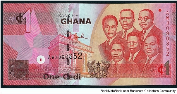 Ghana 2007 1 Cedi.

2007 Currency Reform Issue - 10,000 old Cedis = 1 new Cedi. Banknote
