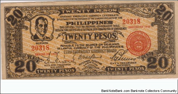 S-224c Cebu 20 Pesos note with facsimile signatures of all 3 board members. Banknote