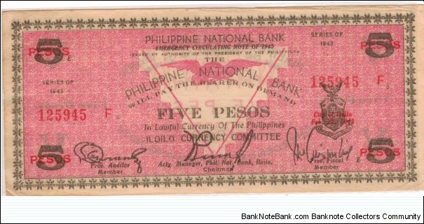 S-328a Iloilo Currency Committee 5 Pesos note on white paper. Banknote