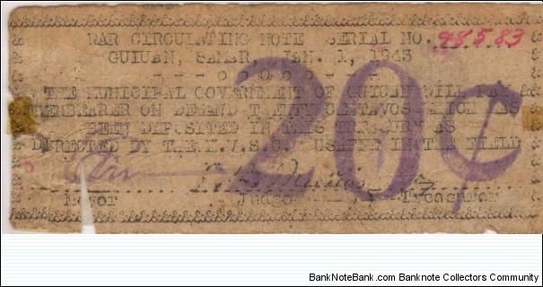 SMR-353 Samar Province 20 centavos note. Banknote