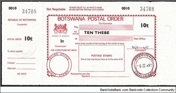 Botswana 1992 10 Thebe postal order. Banknote