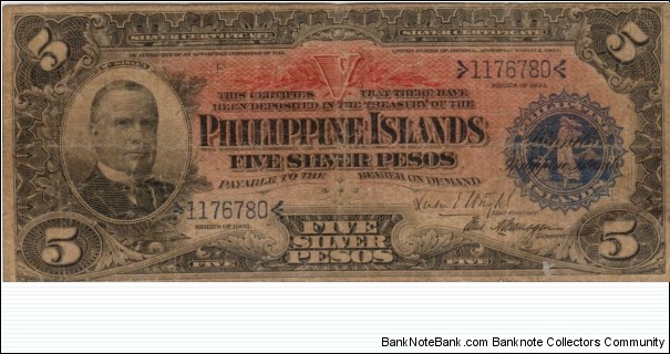 PI-26b RARE Philippine Islands Five Silver Pesos note. Banknote