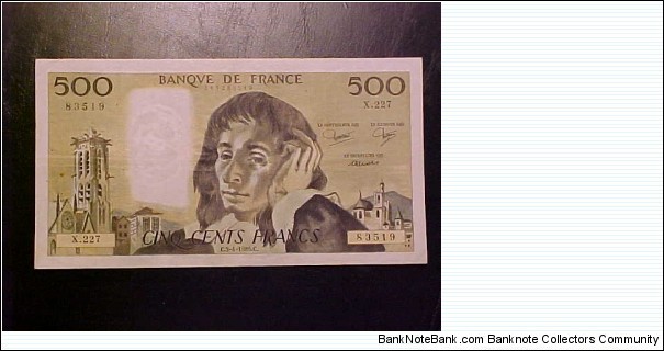 A nice old style 500-franc note of the type I used while working in Paris in 1995.  We had a good laugh at this large size note and joked that it looked like Pascal was suffering a migraine from trying to fit his note in his wallet! Banknote