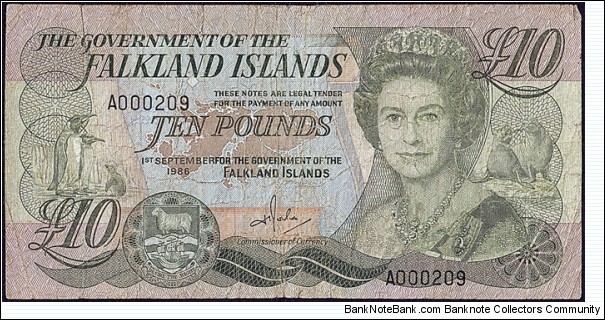 Falkland Islands 1986 10 Pounds.

Low serial number. Banknote