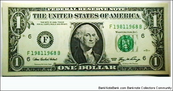 US FRN 2006 1 Dollar Atlanta district Tombstone SN: F19811968B  Banknote