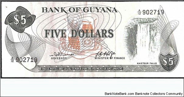 Guyana N.D. 5 Dollars.

Cut unevenly along the top.

2nd. '9' in top serial number inconpletely printed. Banknote