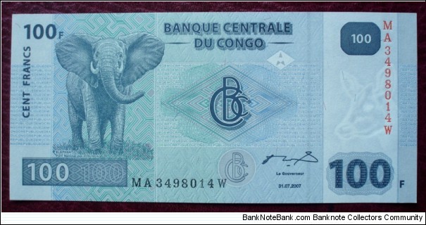 Banque Centrale du Congo |
100 Francs |

Obverse: Elephant in Virunga National Park |
Reverse: Inga dam |
Watermark: Head of an Okapi Banknote
