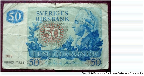 Sveriges Riksbank |
50 Kronor |

Obverse: King Gustav III (1746-1792) |
Reverse: Carl von Linné (1707-1778) |
Watermark: Portrait of Anna Maria Lenngren Banknote