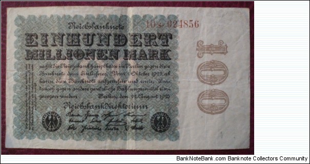 Reichsbank |
100,000,000 Papiermark |

Obverse: Denomination |
Reverse: Blank Banknote