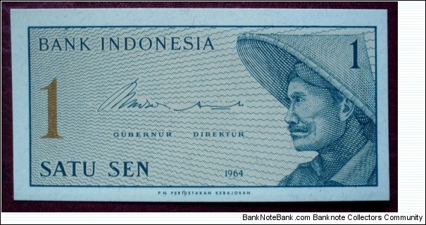 Bank Indonesia |
1 Sen |

Obverse: Peasant with straw hat |
Reverse: Value Banknote