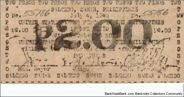 SMR-806 RARE Salcedo, Samar, Philippines 2 Peso note. Banknote
