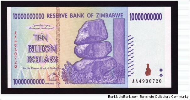 Zimbabwe 2008 P-85 10 Billion Dollars Banknote