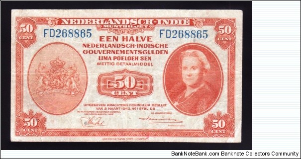 Netherlands Indies 1943 P-110 50 Cent Banknote