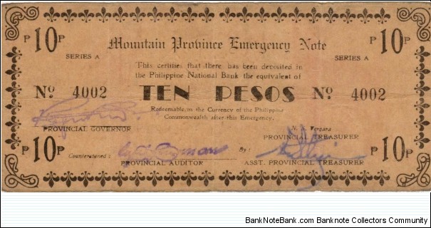 S-604 Philippine Mountain Province 10 Peso Emergency note countersigned Kiangan. Banknote