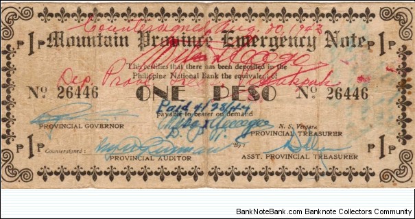 S-595 Philippine Mountain Province Emergency note, countersigned Pinukpuk Banknote