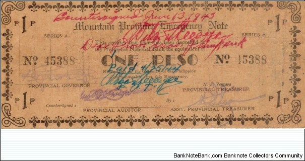S-601 Philippine Mountain Province Emergency note, countersigned Pinukpuk. Banknote