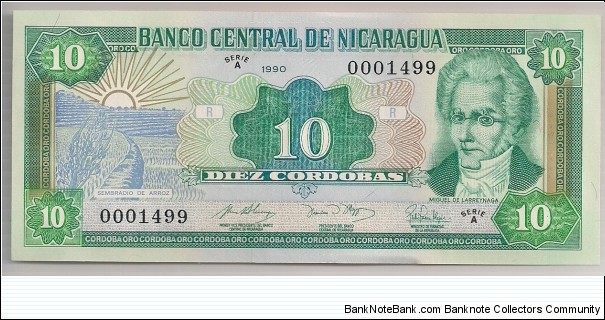 Nicaragua 10 Cordobas 1990 P175 low serial. Banknote