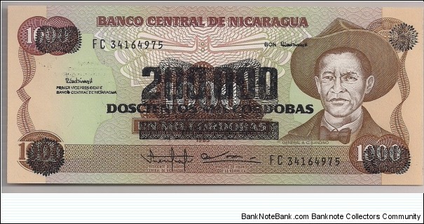 Nicaragua 200000 Cordobas ovpt 1990 P162. Banknote